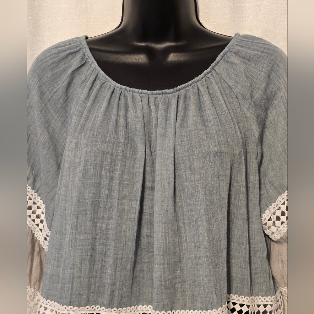 Boho Blue and White And Gray Gauze Blouse With Lace Detail Bell 3/4 Sleeves - Picture 7 of 8